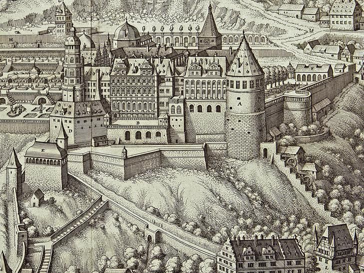 Schloss Heidelberg, Kupferstich, Garten
